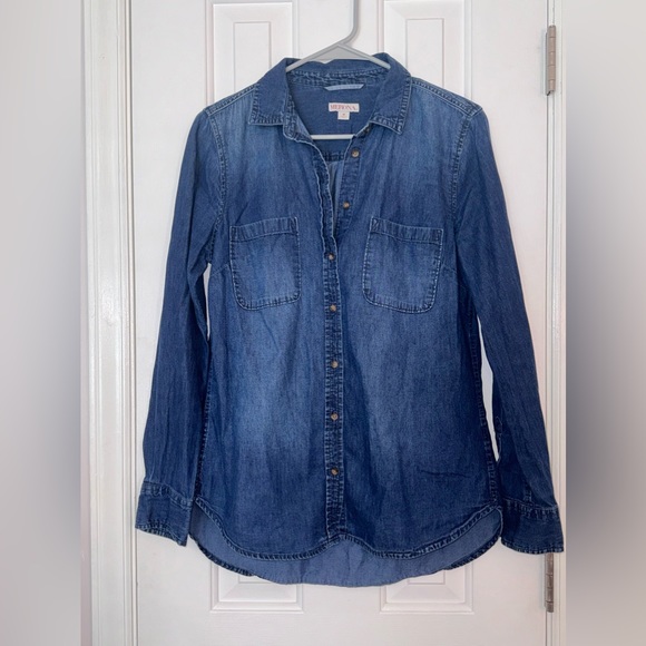 Merona women’s Blue Jean button up shirt with long sleeves and pockets Size M - Picture 3 of 12